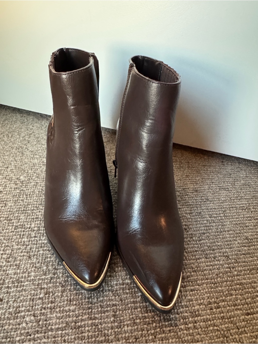 BCBGeneration Brown Leather Pointed Toe Ankle Boots with Gold Trim